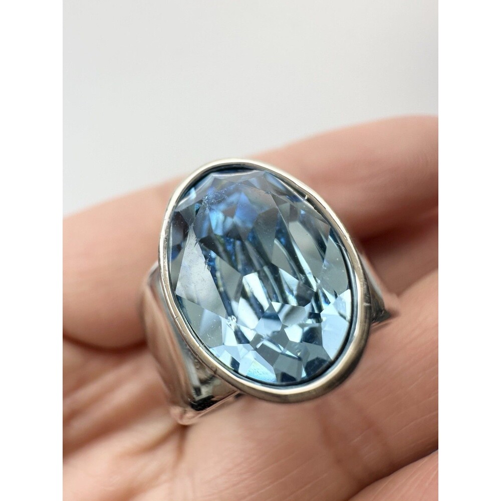 Silver Tone Faceted Blue Crystal Cocktail Ring Size 8